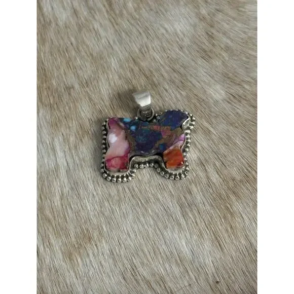 Native American Sterling Silver SW Pink Dahlia Turquoise Cow Sheep Bull Pendant